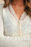 Miou Muse Lace Contrast Knit Cardigan Top Style T5447 in Cream; Lace Trim V-Neck Pre Fall Cardigan