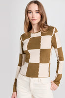 Moon River Clothing Checkerboard Sweater Top Style MRK8219 in Olive; 