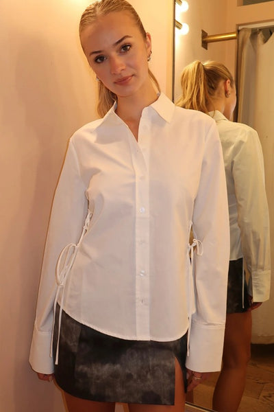 NIA the Brand Alara Shirt Style NT-2137 in White; Darted Sides with accenties poplin button down top; Office Chic