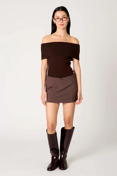 NIA the Brand Anne Marie Sweater Style NST-2038 in Espresso Brown; Brown Knit Fold-Over Off The Shoulder Top; 