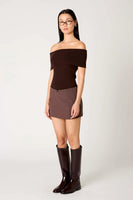 NIA the Brand Anne Marie Sweater Style NST-2038 in Espresso Brown; Brown Knit Fold-Over Off The Shoulder Top; 