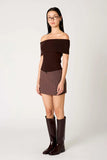 NIA the Brand Anne Marie Sweater Style NST-2038 in Espresso Brown; Brown Knit Fold-Over Off The Shoulder Top; 