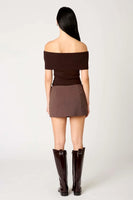 NIA the Brand Anne Marie Sweater Style NST-2038 in Espresso Brown; Brown Knit Fold-Over Off The Shoulder Top; 