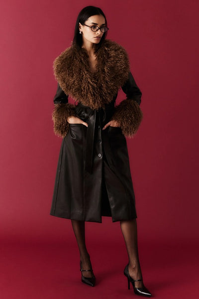 NIA the Brand Orla Jacket Style NJ-2083 ESP in Espresso Brown;Faux Leather Faux Fur accent Coat; 