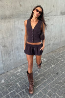 NIA the Brand Renata Top Style NT-2125 in Brown; Brown Button Front Vest Top; Fall Layering Vest Top