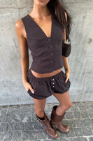 NIA the Brand Renata Top Style NT-2125 in Brown; Brown Button Front Vest Top; Fall Layering Vest Top