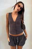 NIA the Brand Renata Top Style NT-2125 in Brown; Brown Button Front Vest Top; Fall Layering Vest Top
