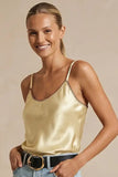 Naked Zebra Clothing Whipstitch Satin Camisole Style WT7085S in Pale Banana. Polyester satin contrast whip stitch pale yellow spring summer cami top with adjustable spaghetti straps