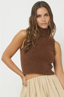 Needie Clothing Mockneck Sweater Tank Style 1184NT in Brown; Fuzzy Sweater; Fuzzy Ribbed high neck fall sweater tank