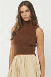 Needie Clothing Mockneck Sweater Tank Style 1184NT in Brown; Fuzzy Sweater; Fuzzy Ribbed high neck fall sweater tank