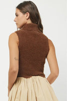 Needie Clothing Mockneck Sweater Tank Style 1184NT in Brown; Fuzzy Sweater; Fuzzy Ribbed high neck fall sweater tank