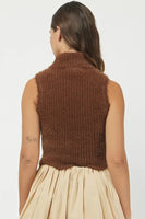 Needie Clothing Mockneck Sweater Tank Style 1184NT in Brown; Fuzzy Sweater; Fuzzy Ribbed high neck fall sweater tank