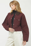 Needii Clothing Cropped Barn Jacket Style 2050NJ in Wine; Cropped Burgundy Red Brown Corduroy Collar Barn Jacket, Cropped Red Fall Barn Jacket