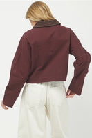 Needii Clothing Cropped Barn Jacket Style 2050NJ in Wine; Cropped Burgundy Red Brown Corduroy Collar Barn Jacket, Cropped Red Fall Barn Jacket