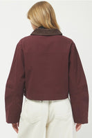 Needii Clothing Cropped Barn Jacket Style 2050NJ in Wine; Cropped Burgundy Red Brown Corduroy Collar Barn Jacket, Cropped Red Fall Barn Jacket