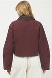 Needii Clothing Cropped Barn Jacket Style 2050NJ in Wine; Cropped Burgundy Red Brown Corduroy Collar Barn Jacket, Cropped Red Fall Barn Jacket