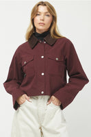 Needii Clothing Cropped Barn Jacket Style 2050NJ in Wine; Cropped Burgundy Red Brown Corduroy Collar Barn Jacket, Cropped Red Fall Barn Jacket