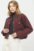 Needii Clothing Cropped Barn Jacket Style 2050NJ in Wine; Cropped Burgundy Red Brown Corduroy Collar Barn Jacket, Cropped Red Fall Barn Jacket
