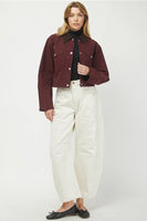 Needii Clothing Cropped Barn Jacket Style 2050NJ in Wine; Cropped Burgundy Red Brown Corduroy Collar Barn Jacket, Cropped Red Fall Barn Jacket