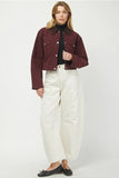 Needii Clothing Cropped Barn Jacket Style 2050NJ in Wine; Cropped Burgundy Red Brown Corduroy Collar Barn Jacket, Cropped Red Fall Barn Jacket
