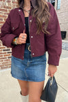 Needii Clothing Cropped Barn Jacket Style 2050NJ in Wine; Cropped Burgundy Red Brown Corduroy Collar Barn Jacket, Cropped Red Fall Barn Jacket