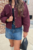 Needii Clothing Cropped Barn Jacket Style 2050NJ in Wine; Cropped Burgundy Red Brown Corduroy Collar Barn Jacket, Cropped Red Fall Barn Jacket