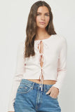 Needii Clothing Tie Front Sweater Style 1704NT in Baby Pink;  Light weight Baby Pink Scalloped Hem Tie Front Knit Cardigan Layer