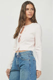 Needii Clothing Tie Front Sweater Style 1704NT in Baby Pink;  Light weight Baby Pink Scalloped Hem Tie Front Knit Cardigan Layer