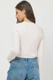 Needii Clothing Tie Front Sweater Style 1704NT in Baby Pink;  Light weight Baby Pink Scalloped Hem Tie Front Knit Cardigan Layer