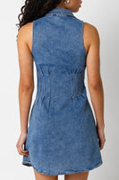 Olivaceous Clothing  Kacey Denim Dress Style 2400-74LDH in Denim;Denim Mini Dress;Button Front Sleeveless Mini Dress; 