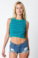 Olivaceous Clothing Naya Knit Top Style 2304-59LTL in Green with Blue Stripes;Striped Cropped Tank Top;Cropped Knit Tank Top; 