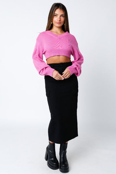 Olivaceous Clothing Nicole Crop Sweater Style JT2023-52 in blue green;Olivaceous Clothing Vicki Midi Skirt Style 2303-148LSH; 