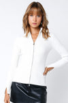 Olivaceous Clothing Zip Up Ribbed Mock Neck Sweater Style JT2023-110 in White;Apre' Ski Sweater;Fitted Ribbed Sweater; 