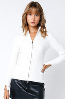 Olivaceous Clothing Zip Up Ribbed Mock Neck Sweater Style JT2023-110 in White;Apre' Ski Sweater;Fitted Ribbed Sweater; 