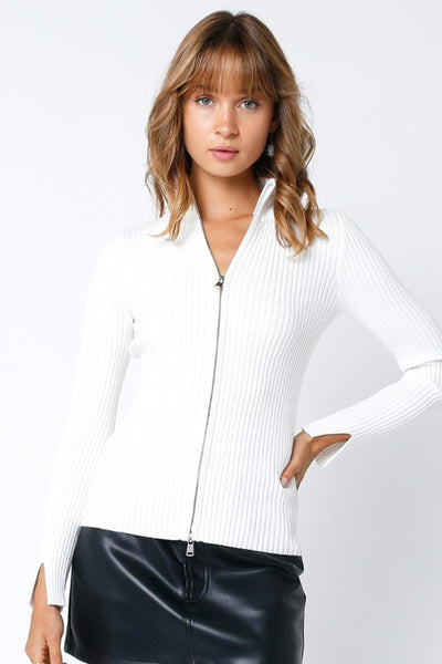 Olivaceous Clothing Zip Up Ribbed Mock Neck Sweater Style JT2023-110 in White;Apre' Ski Sweater;Fitted Ribbed Sweater; 