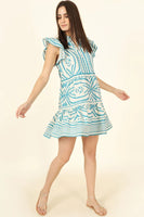 Omika Clothing Wilora Mini Dress Style 3WIL24JOLLAG in Jolie Lagoon;Summer Event Dress;Hand Embroidered Dress;Omika Mini Dress; 
