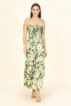 Omika Lana Maxi Dress Style 3Lan24SelAvo in Selma Avocado;Green Tropical Print Summer Maxi Dress;Tropical Print Tie Strap Dress;Smocked Maxi Dress