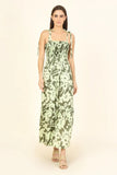 Omika Lana Maxi Dress Style 3Lan24SelAvo in Selma Avocado;Green Tropical Print Summer Maxi Dress;Tropical Print Tie Strap Dress;Smocked Maxi Dress