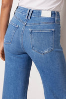 Paige Denim Anessa with Set in Pockets Style 8203E77-786 in Sunnie Distressed;High Rise Wide Leg Jeans;Raw Ankle Hem Jeans;Paige Cropped WIde LEg Jeans;Medium Wash Wide LEg Jeans