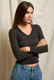 Perfect White Tee Clothing melissa hacci u neck top Style T443-Melissa in Heather Charcoal Ash; Elevated Basic Top; U-Neck Semi Sheer Layering Top