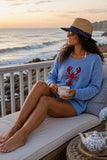 Pink Pineapple Chloe Rollneck Lobster Sweater in Sky. Summer lobster graphic sweater. Light weight Lobster Graphic Summer Beachy Coastal Sweater