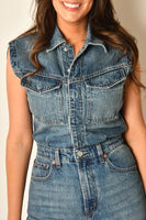 Pistola Denim Ace Sleeveless Barrel Leg Jumpsuit style P00070050RL FARVW in Fairview;Dark Wash Sleeveless Denim Jumpsuit;Barrel Leg Fall Jumpsuit; 