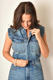 Pistola Denim Ace Sleeveless Barrel Leg Jumpsuit style P00070050RL FARVW in Fairview;Dark Wash Sleeveless Denim Jumpsuit;Barrel Leg Fall Jumpsuit; 
