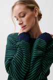 Pistola Denim Aura Relaxed Crew Neck Sweater Style  P00062040HC in Midgreen; Relaxed Fit, 100% Cotton, navy and Green Striped Crew Neck Sweater.