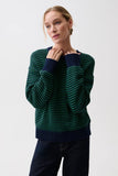 Pistola Denim Aura Relaxed Crew Neck Sweater Style  P00062040HC in Midgreen; Relaxed Fit, 100% Cotton, navy and Green Striped Crew Neck Sweater.