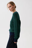 Pistola Denim Aura Relaxed Crew Neck Sweater Style  P00062040HC in Midgreen; Relaxed Fit, 100% Cotton, navy and Green Striped Crew Neck Sweater.