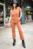 Pistola Denim Grover Short Sleeve Field Suit Style P00071950SL CINMN in Cinnamon;Women's Fashion Cover-alls;Short Sleeve Field Suit;Work-wear inspired jumpsuit;Button Front Cinnamon Brown Denim Fieldsuit