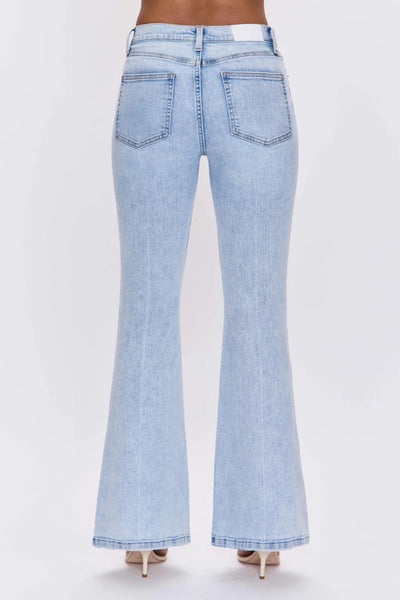 Pistola Denim Kinsley Mid Rise Ultra Flare Jeans in Serenity;  Light wash mid rise flare jeans; Summer Wash Flare JEans