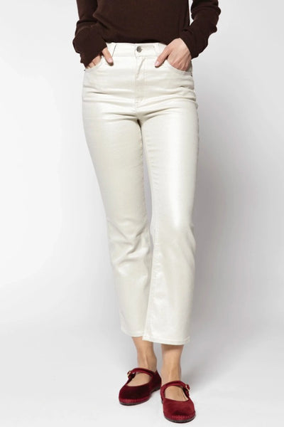 Pistola Denim Lennon High Rise Crop Boot Jean Style P00016088DW in Ivory Luster; Coated Ivory Crop Flare Winter Jeans; Casual Chic Holiday Style