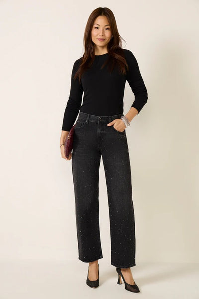 Pistola Denim Lexi Lexi Sparkle Barrel Jean Style P00016200GA in Silver Screen; black crystal Sparkle jeans; Holiday Style Jeans, Crystal Embellished Barrel Jeans